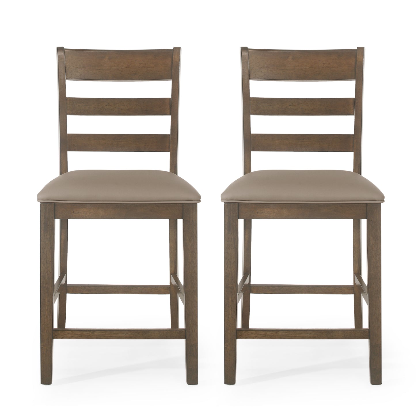 Two brown wooden bar stools with upholstered taupe seats and ladder backs