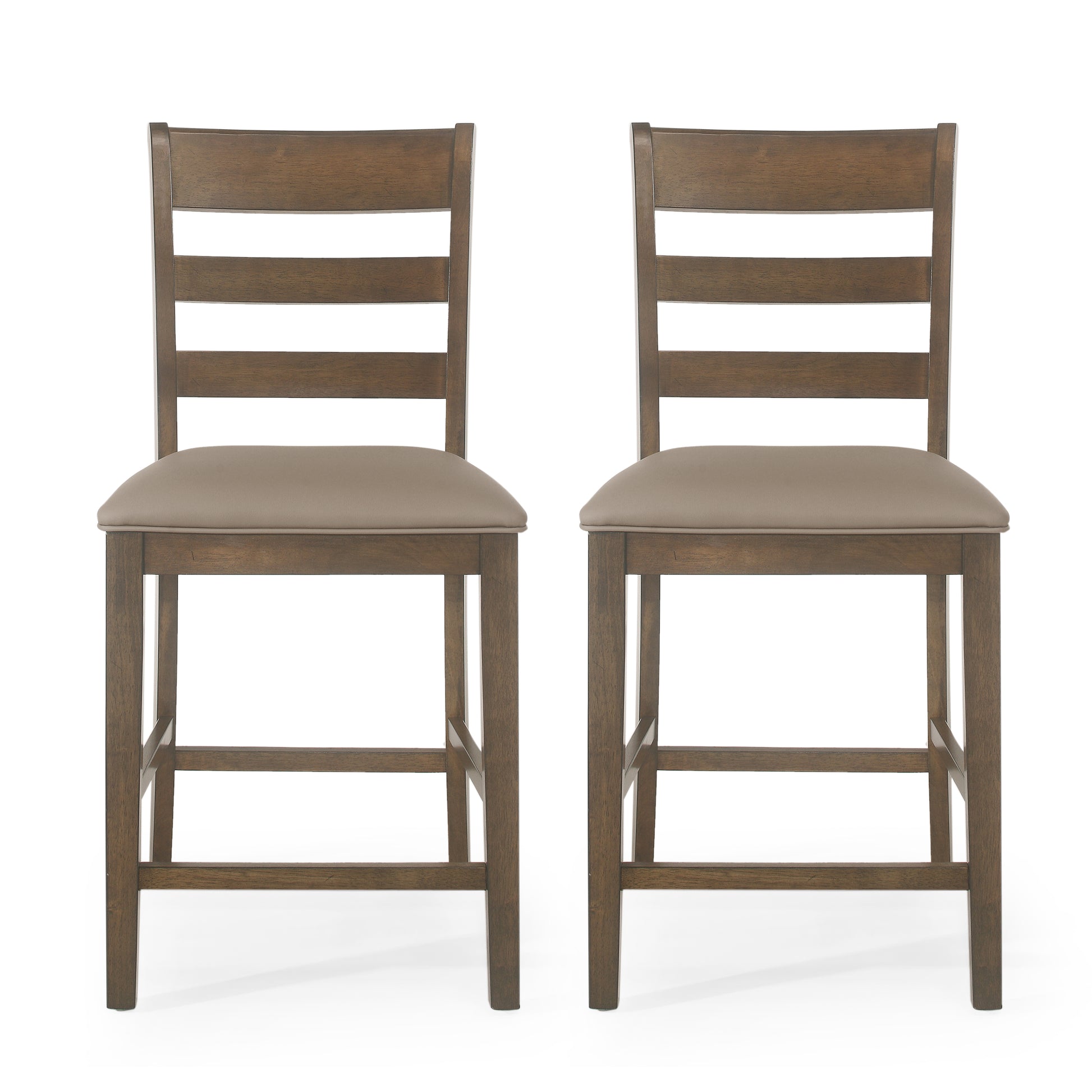 Two brown wooden bar stools with upholstered taupe seats and ladder backs
