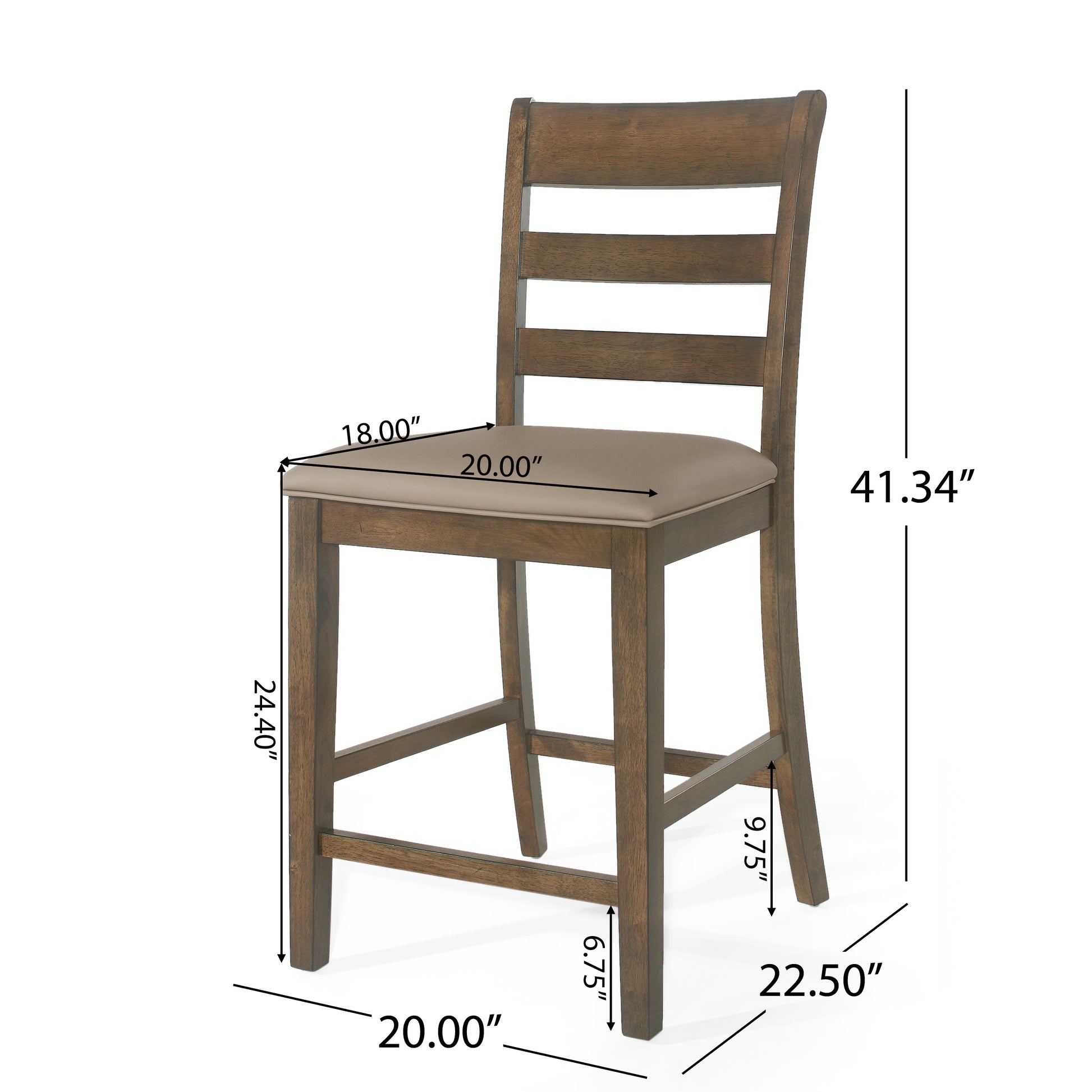 Brown wooden counter stool with a neutral upholstered seat and ladder back