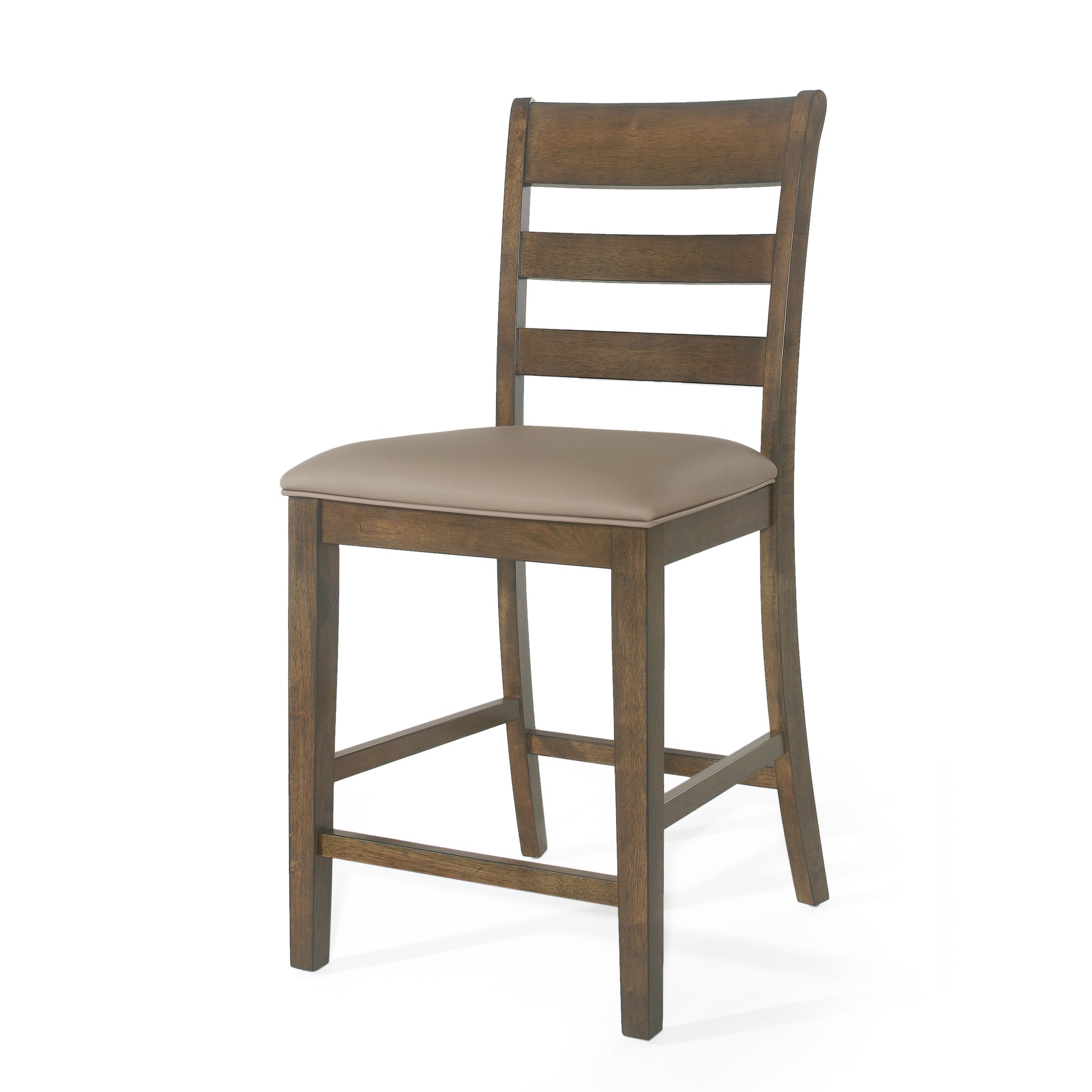 Dark wood counter stool with a taupe upholstered seat and ladder back design