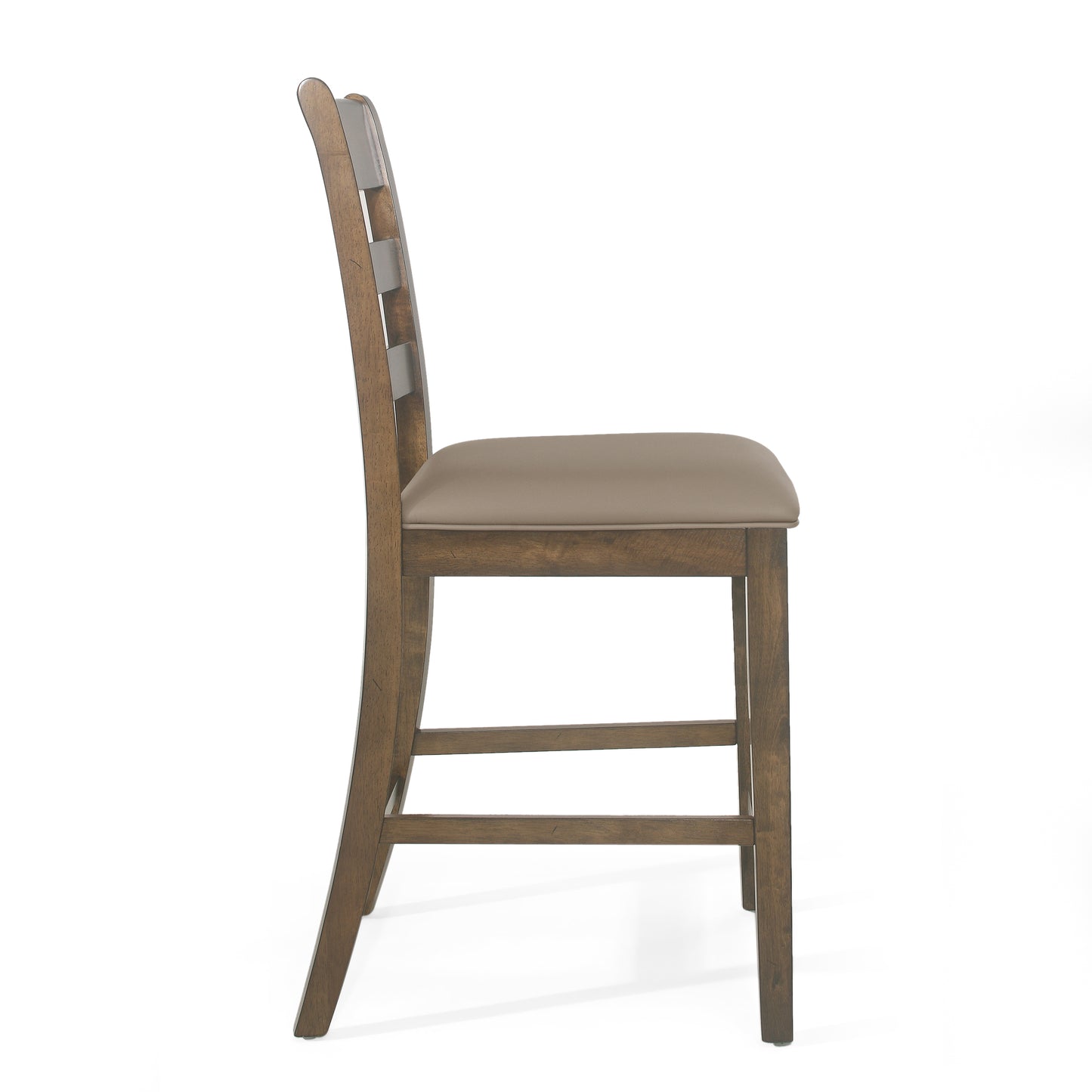 Side view of a dark brown wooden bar stool with a taupe cushioned seat