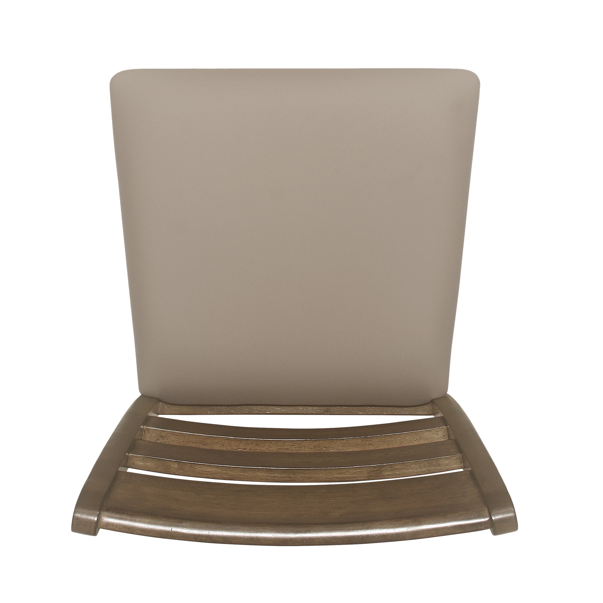 Top view of a grey upholstered dining chair with a slatted wood seat base