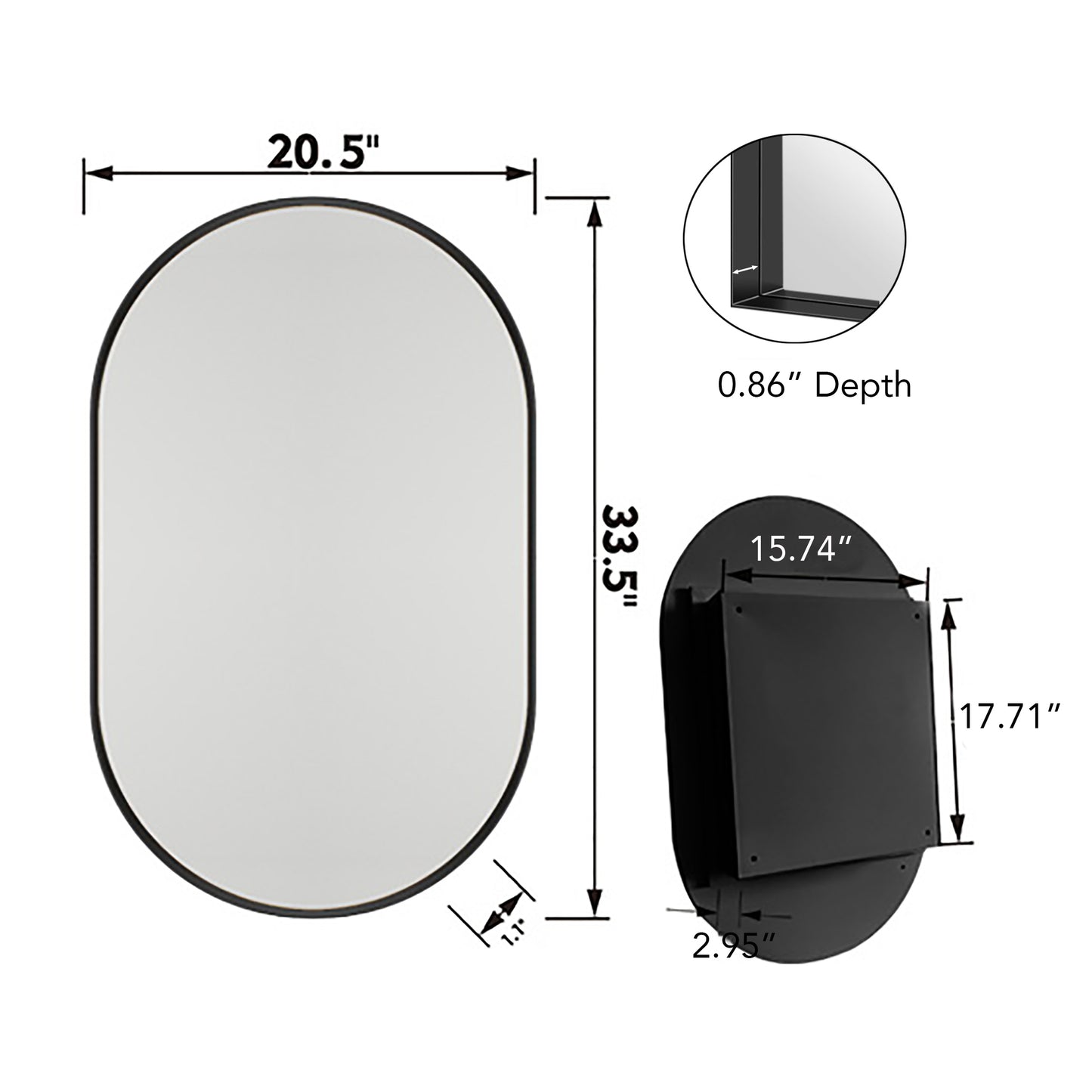 Black oval bathroom mirror with attached metal shelf  x  inches