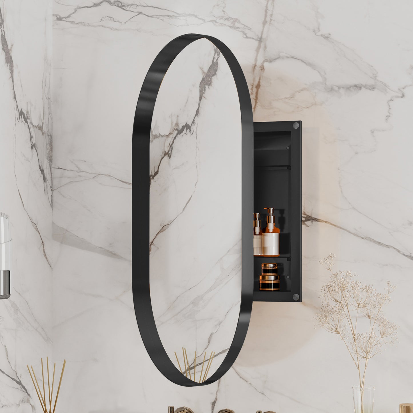 Oval black framed mirror with recessed medicine cabinet for bathroom storage