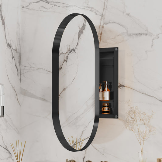 Oval black framed mirror with recessed medicine cabinet for bathroom storage