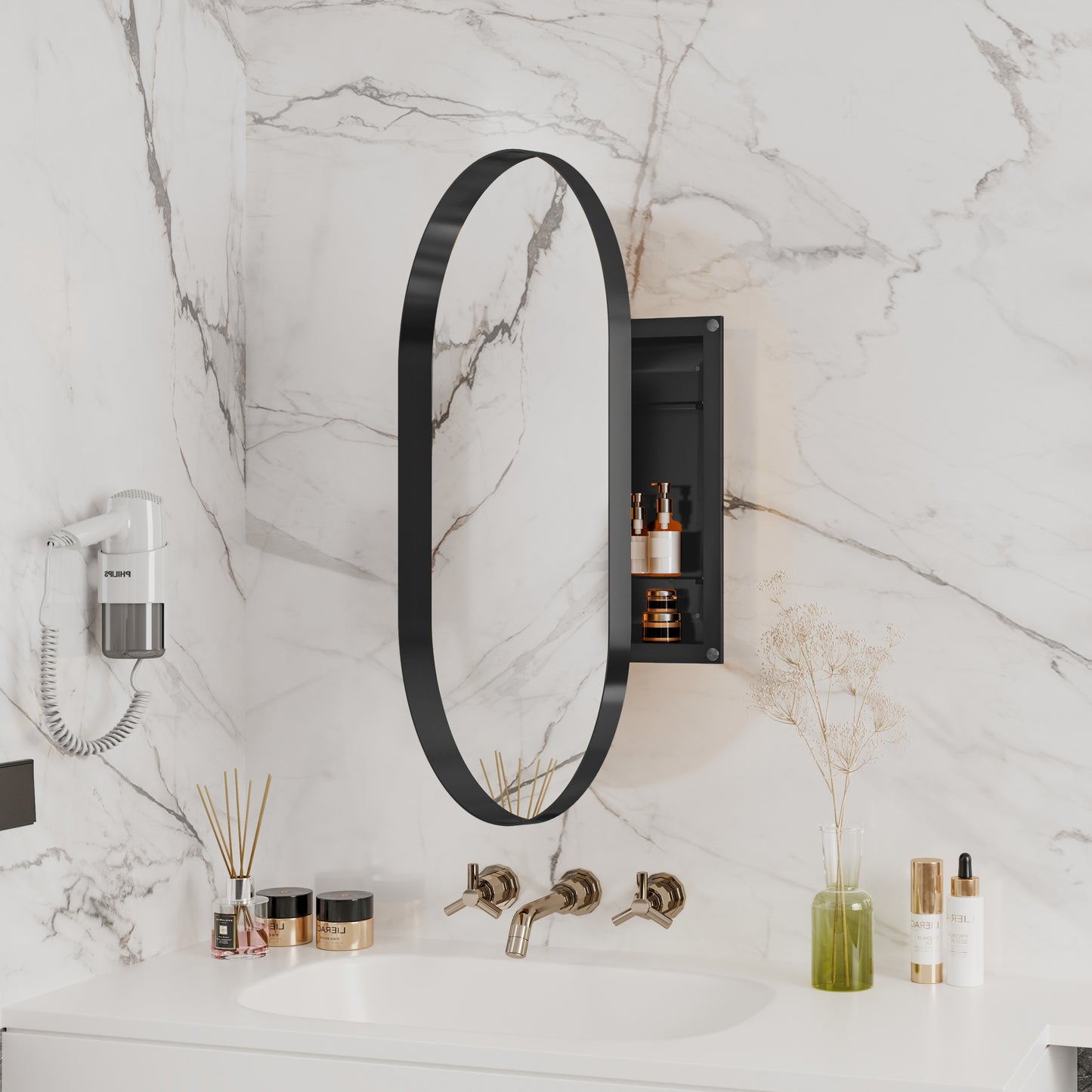 Black oval bathroom mirror with integrated storage shelf