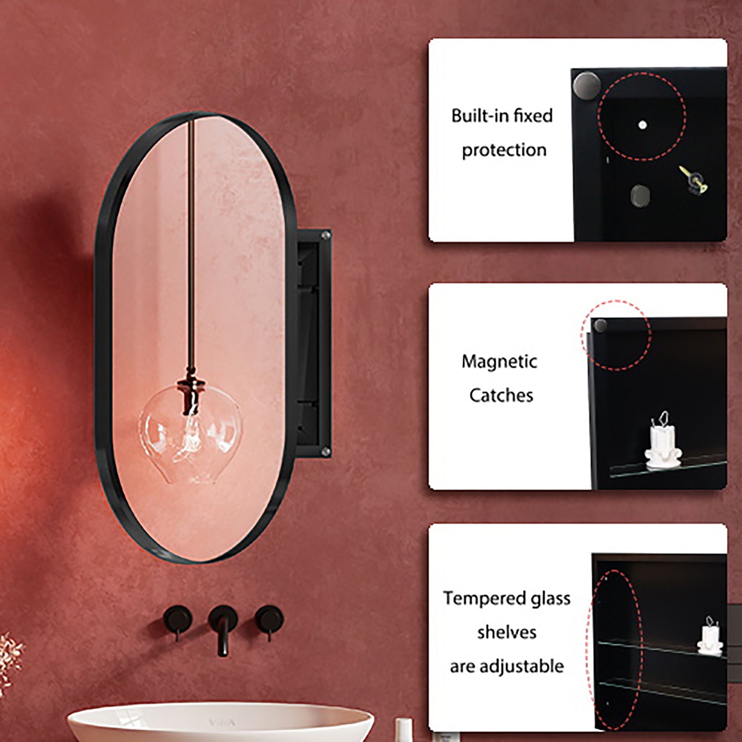Oval rose gold medicine cabinet with black frame featuring builtin protection