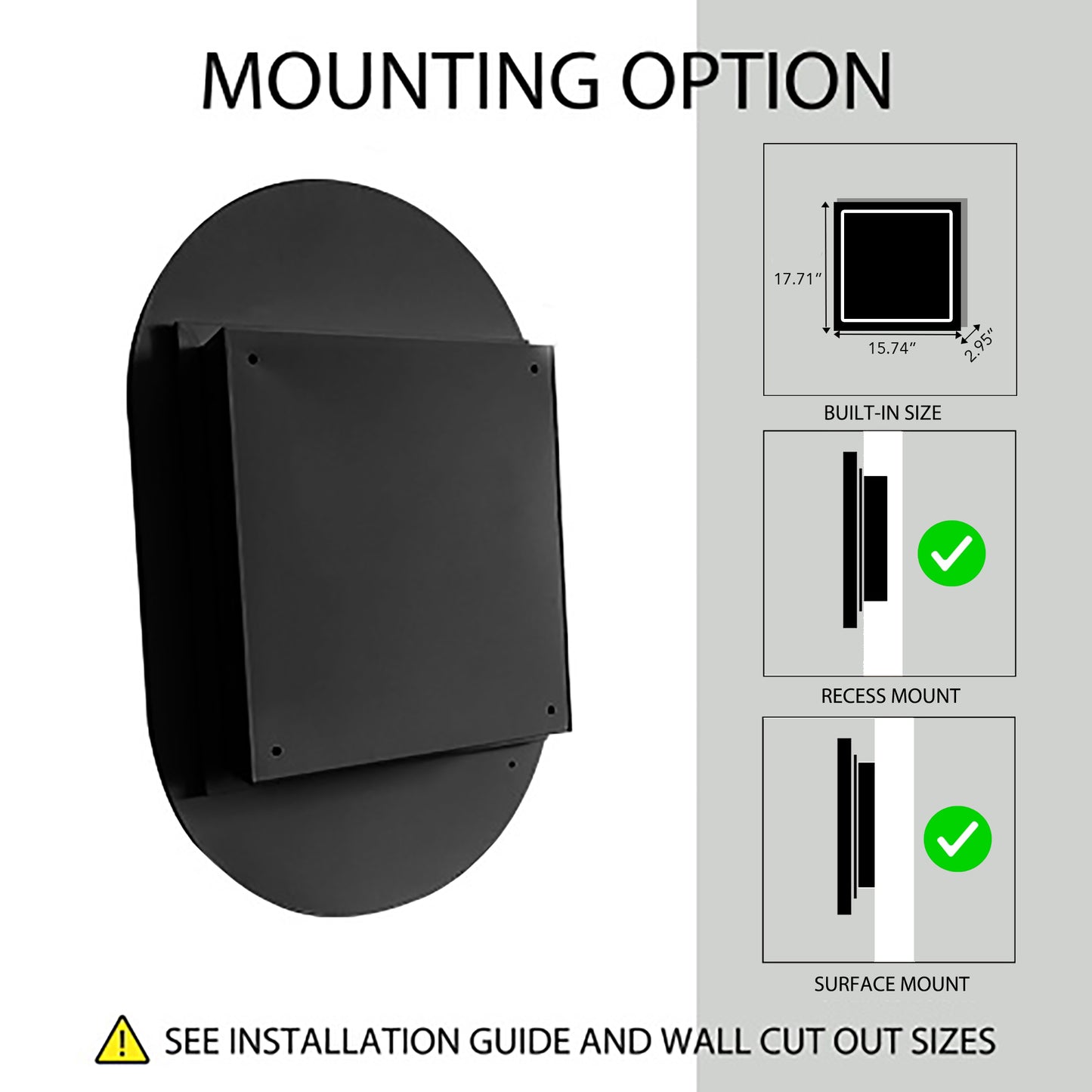 Black metal mounting bracket with dimensions for builtin recess and surface mount options