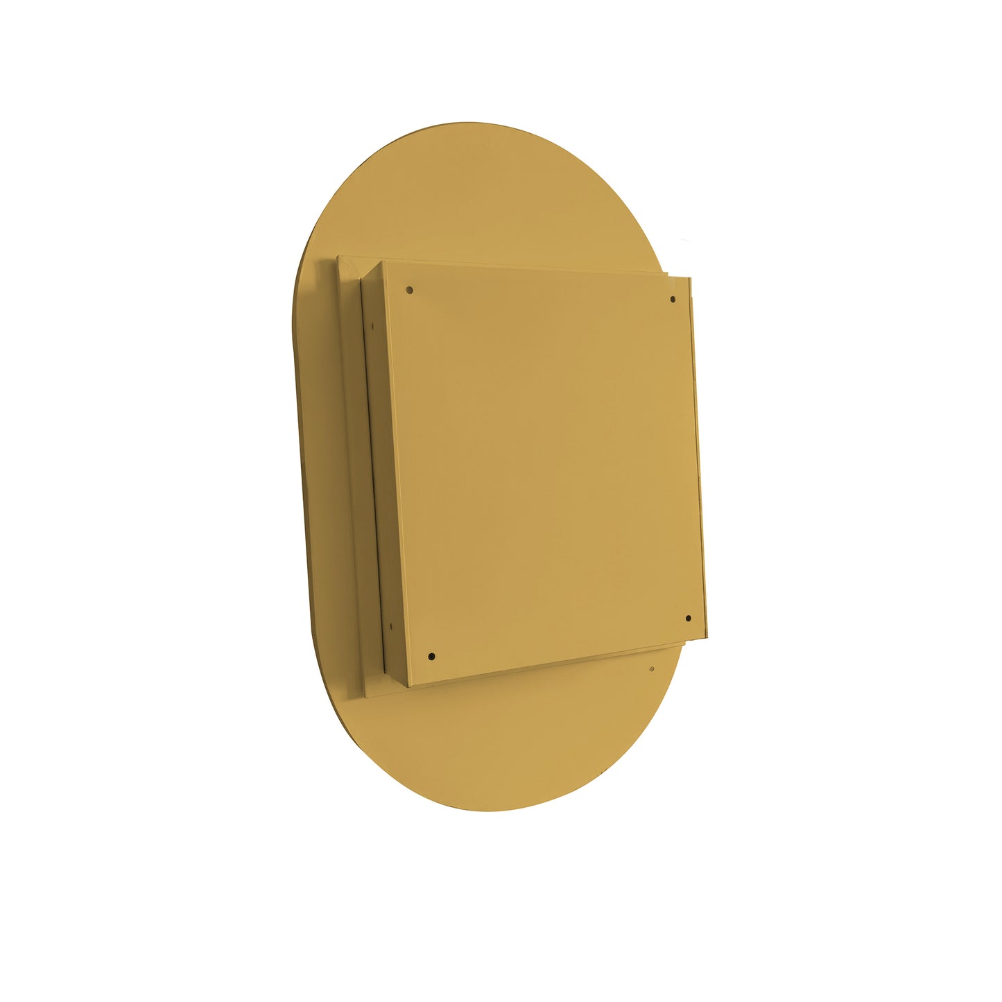 Gold oval metal mirror with a stacked square backplate perfect for modern bathrooms