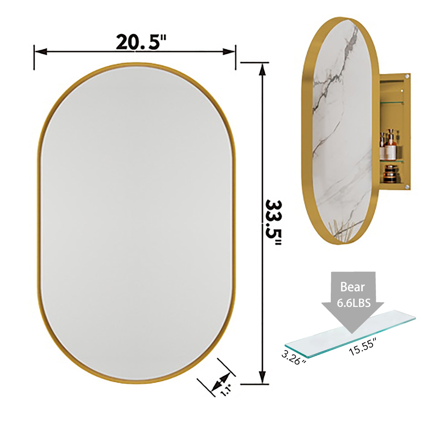 Goldframed oval medicine cabinet with marble accent modern bathroom storage solution