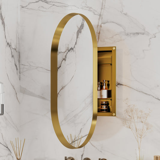 Oval brushed gold mirror reflecting modern bathroom essentials with gold medicine cabinet