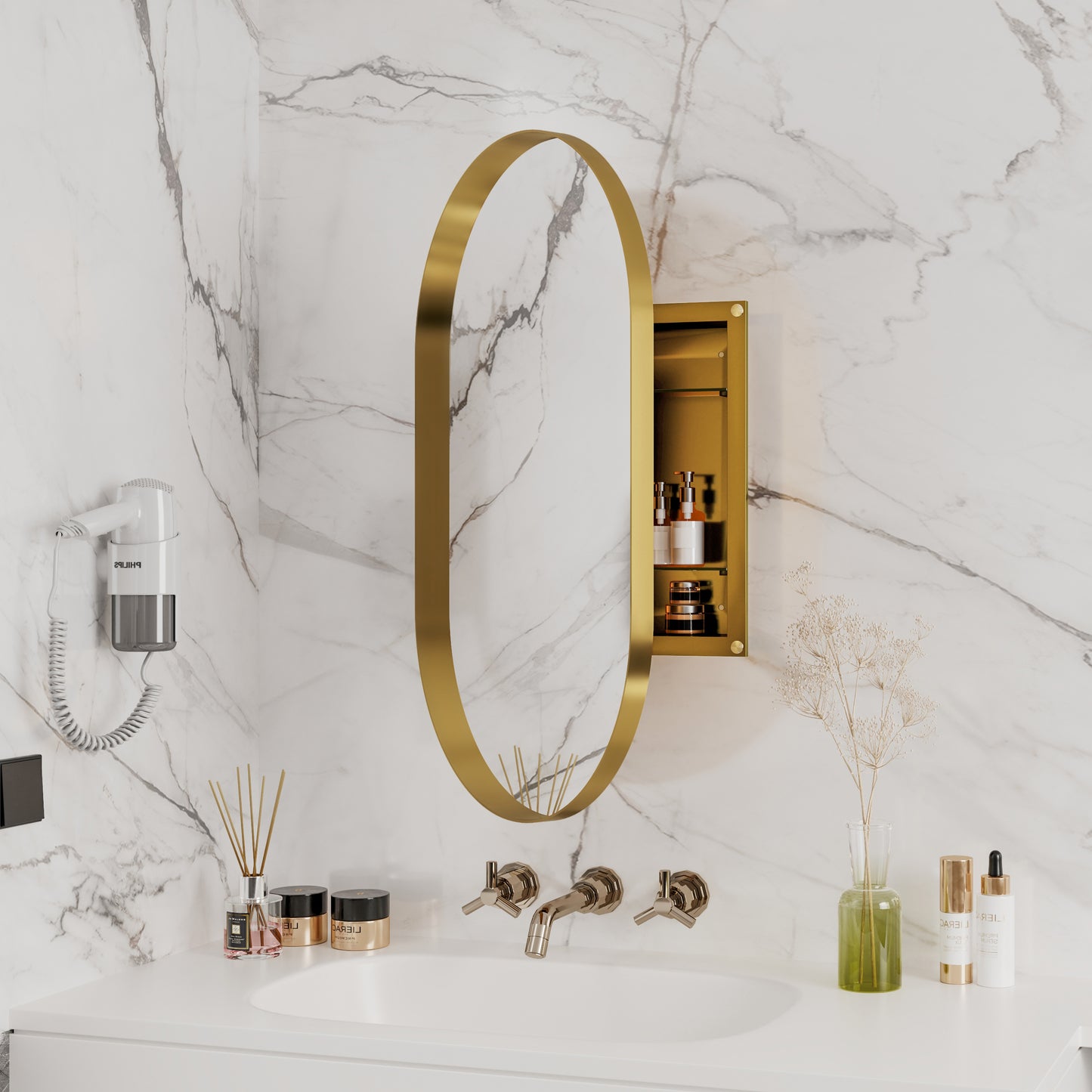 Oval brass mirror with integrated medicine cabinet on marble wall