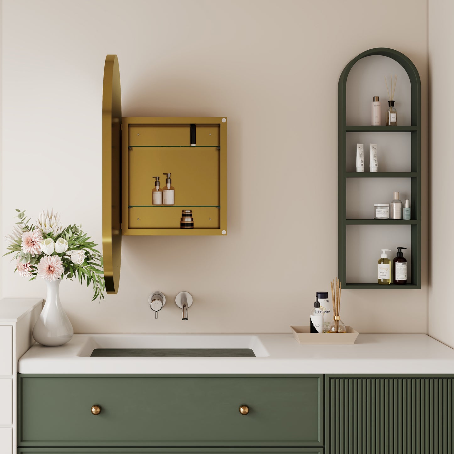 Gold medicine cabinet with glass shelves displaying skincare products and a round mirror
