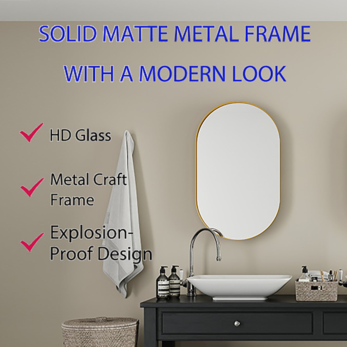 Modern oval bathroom mirror with solid matte metal frame and HD glass