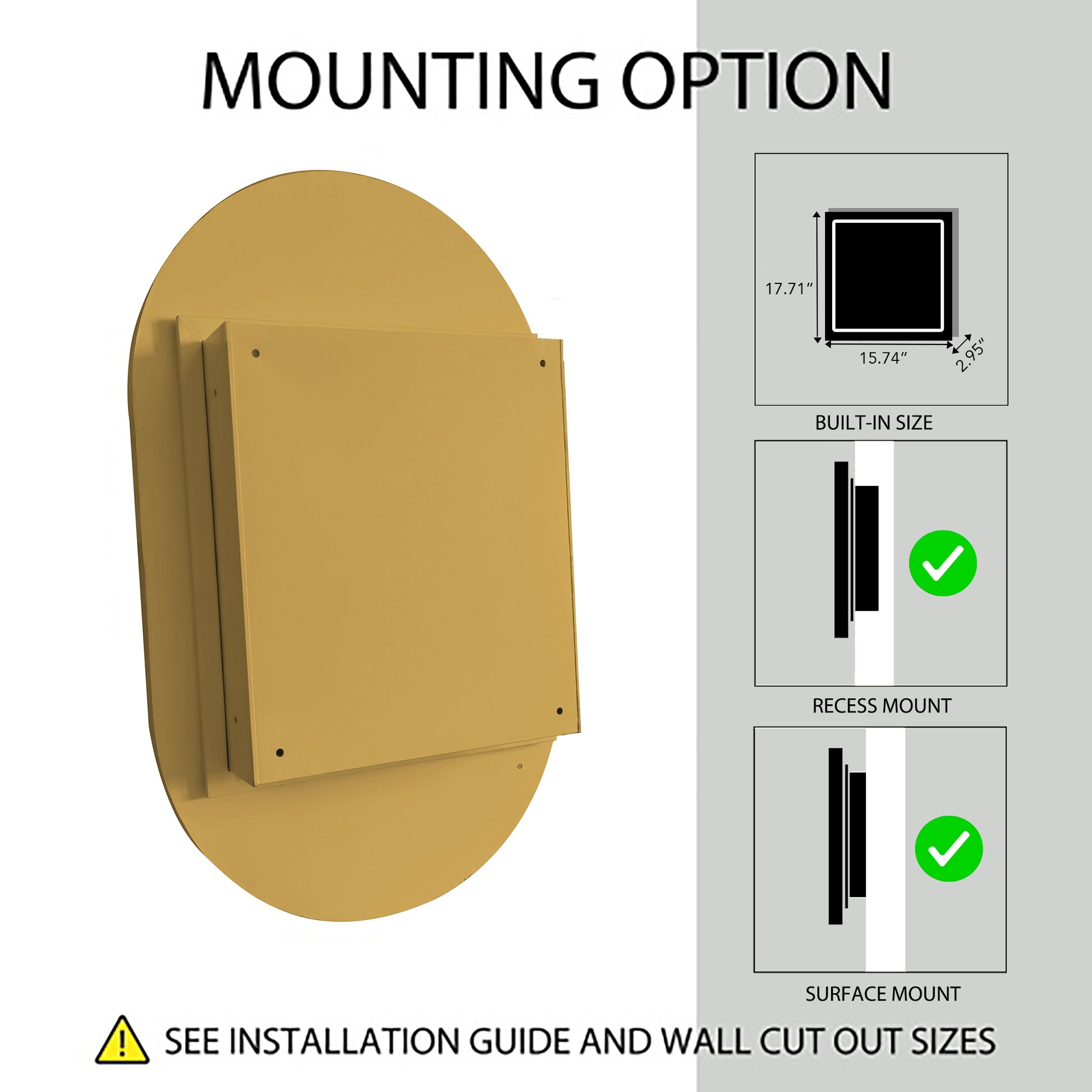 Gold oval mirror backing with mounting brackets and installation options shown