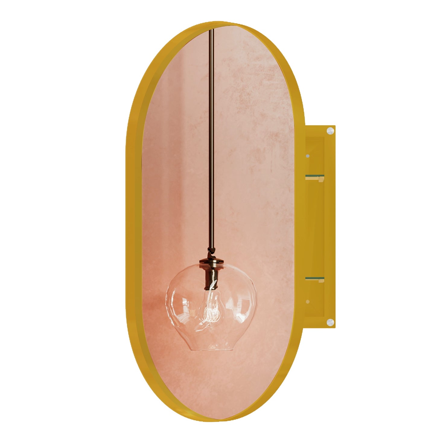 Modern gold framed wall sconce with clear globe bulb and pink textured background