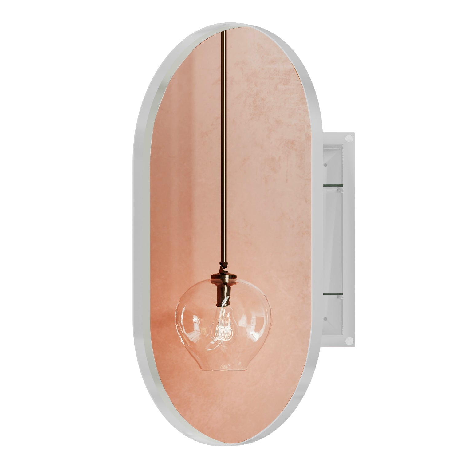 Oval bathroom medicine cabinet with frosted rose gold backing and brass pendant light