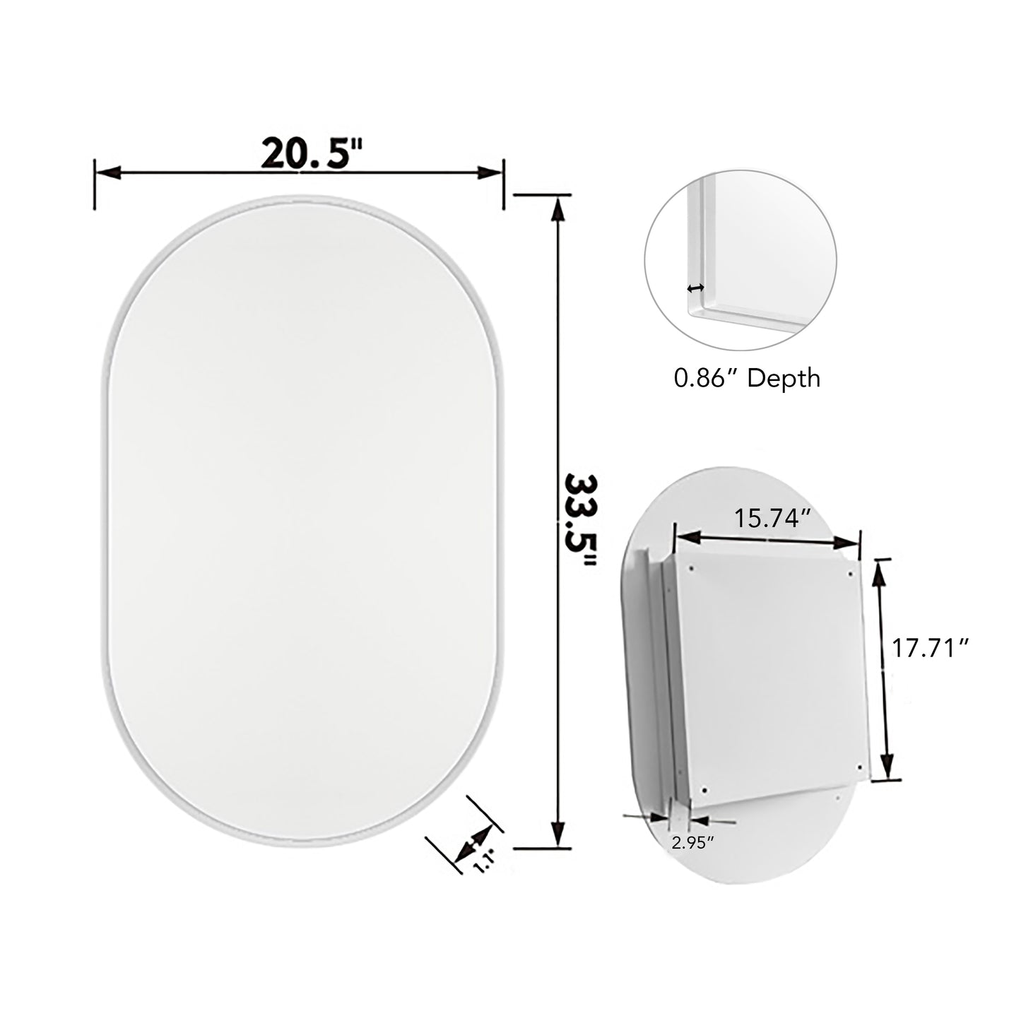 Oval mirror dimensions  W x  H x  D  bracket