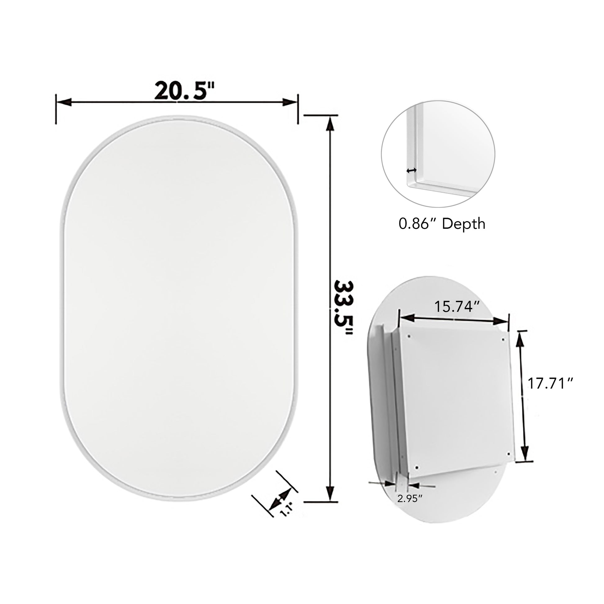 Oval mirror dimensions  W x  H x  D  bracket