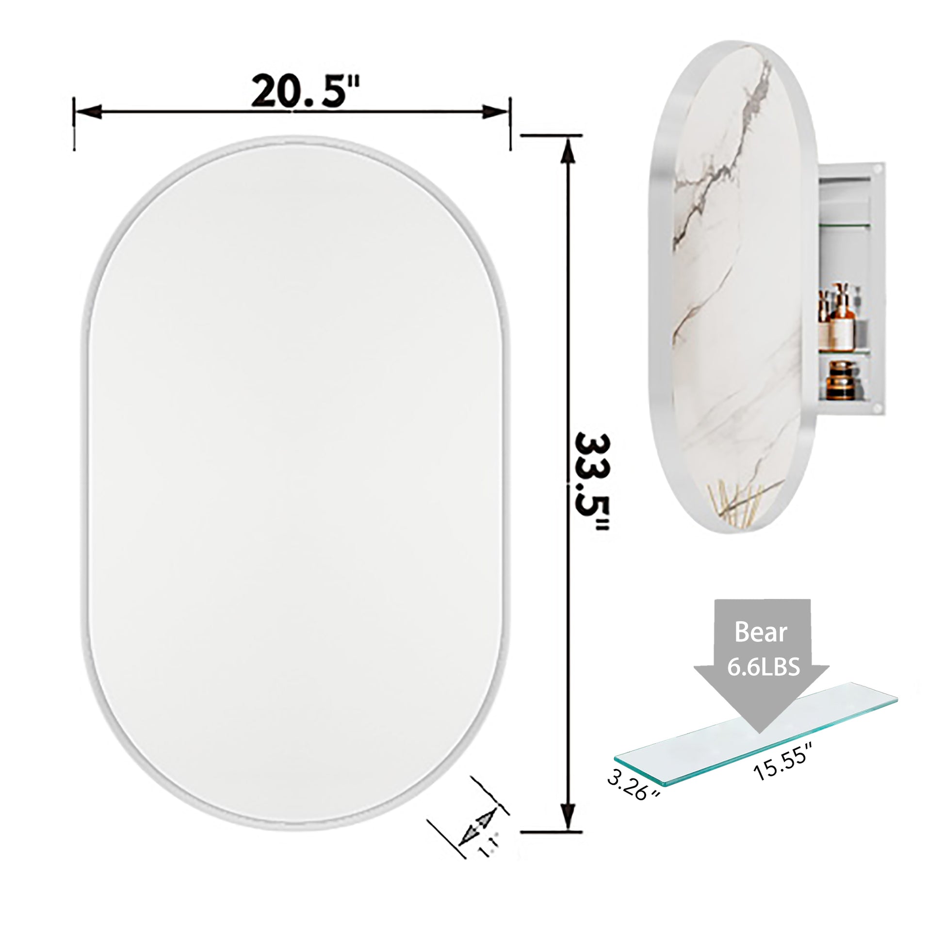 Oval medicine cabinet with marble accent and internal shelving