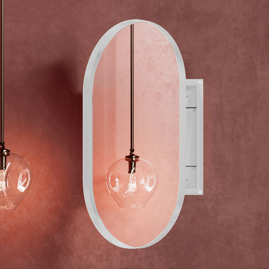 Modern oval wall mirror with recessed shelving and a brass pendant light fixture
