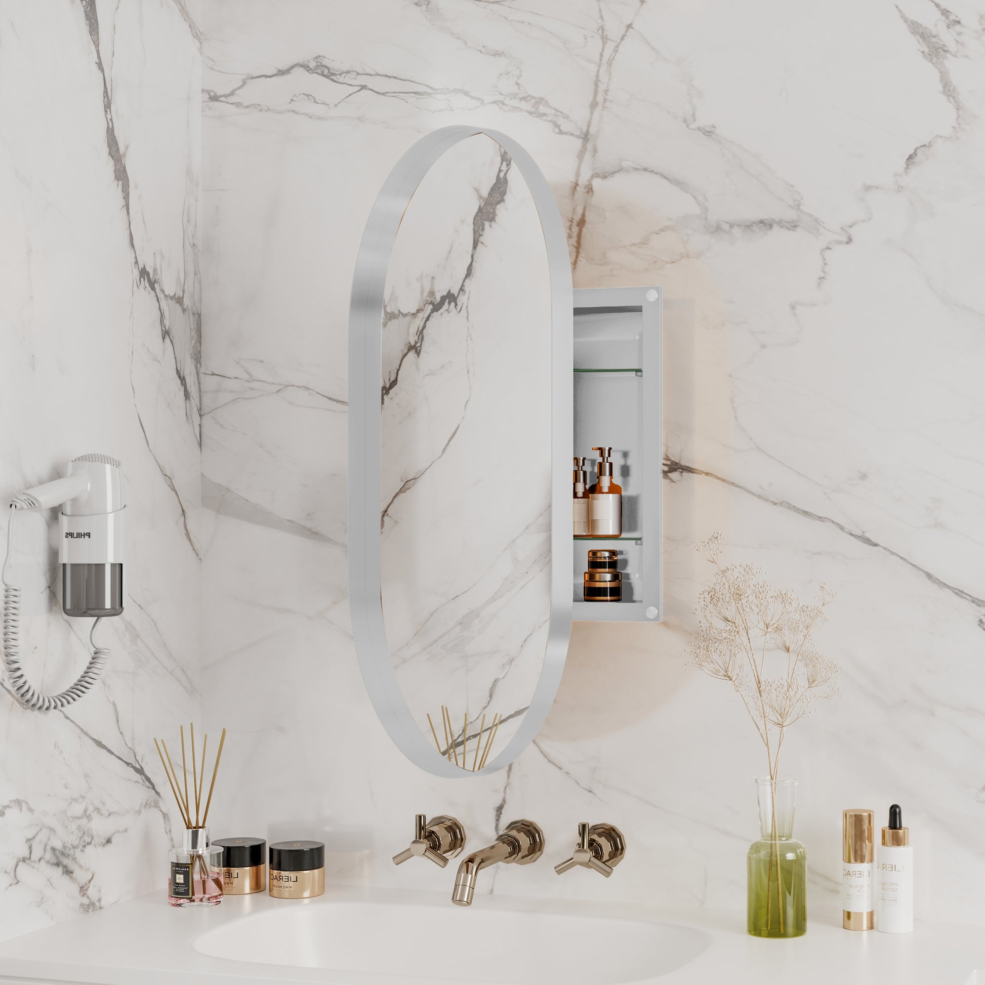 Oval chrome framed medicine cabinet with mirrored door and toiletries inside