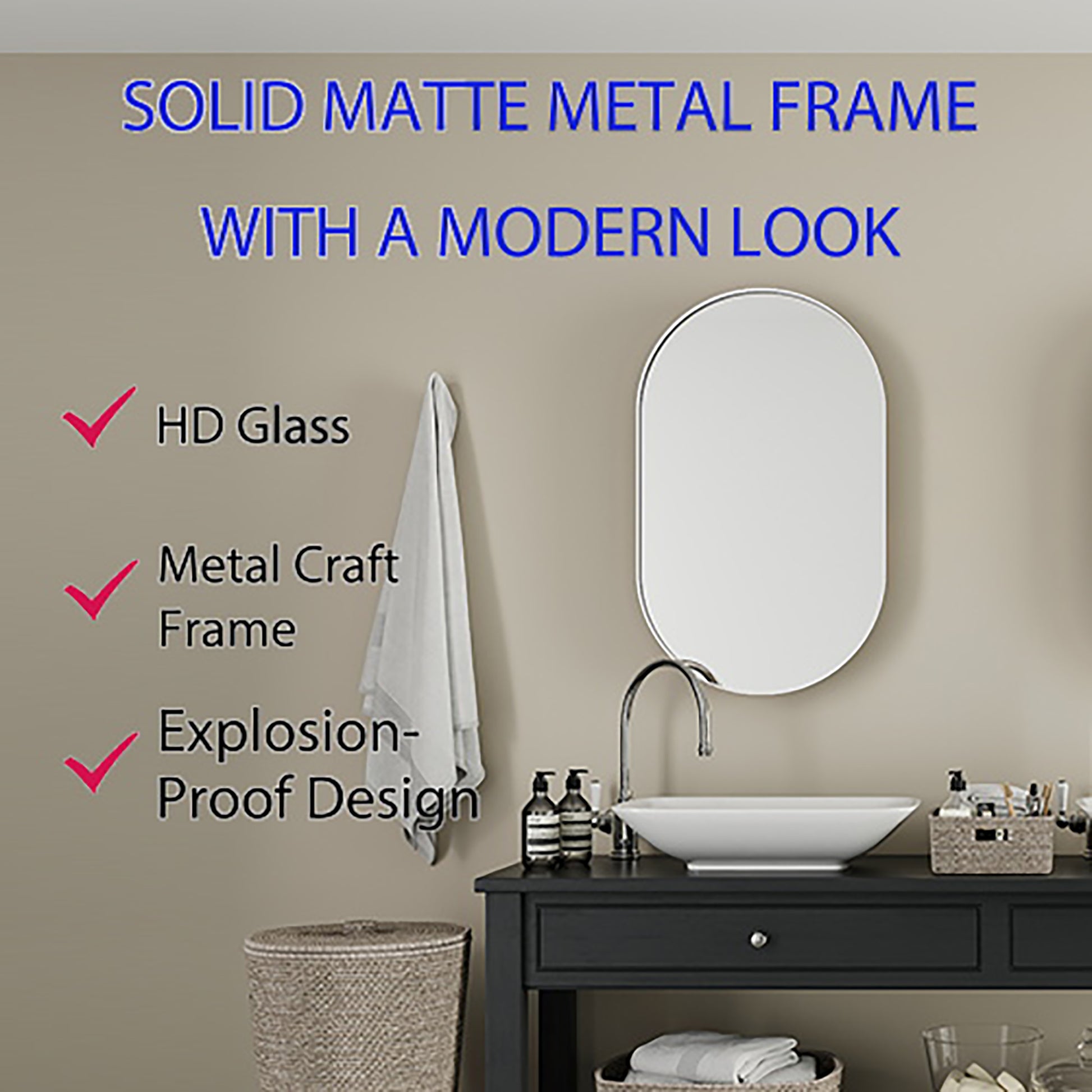 Oval bathroom mirror with solid matte metal frame and HD glass