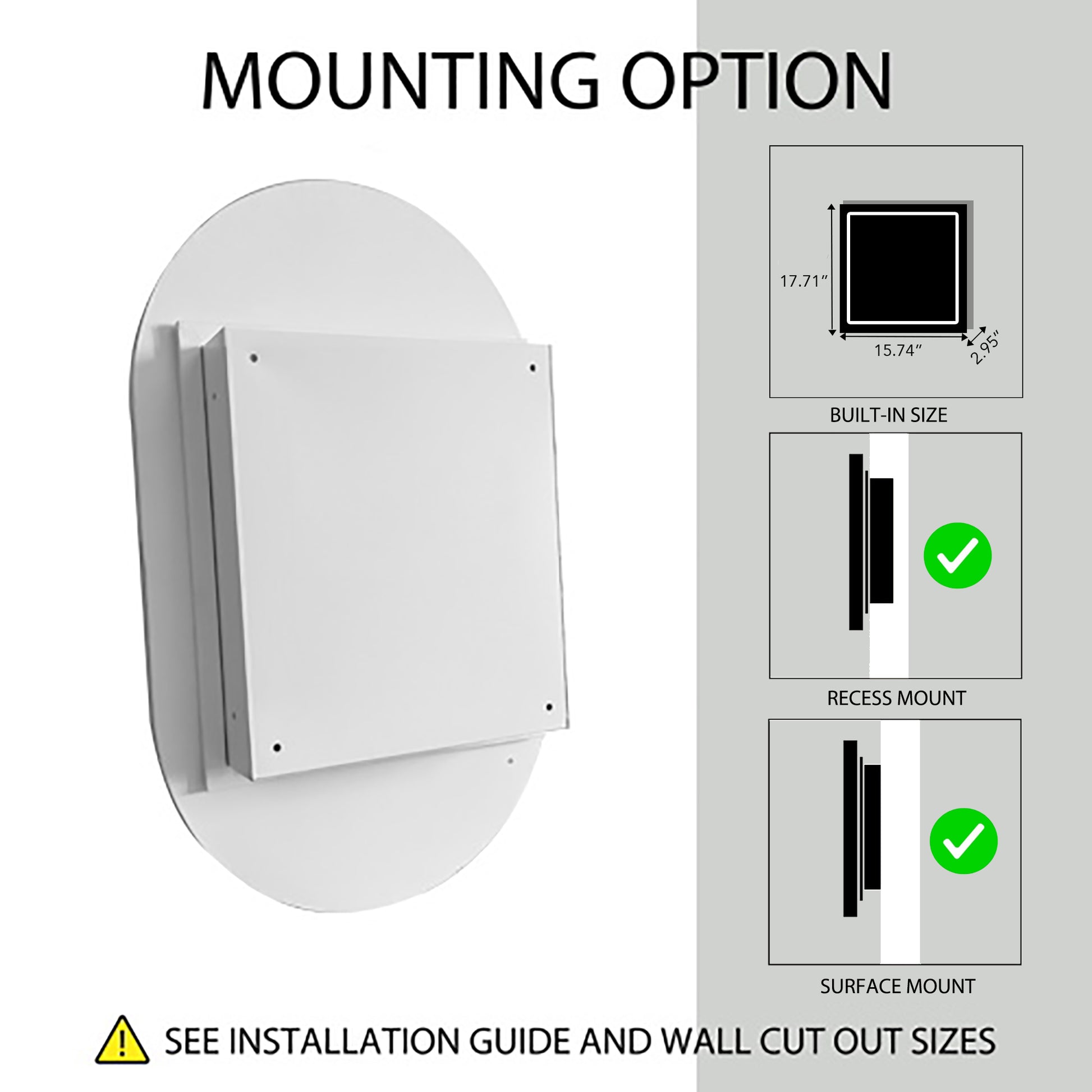 Oval mirror mounting bracket with recessed and surface options
