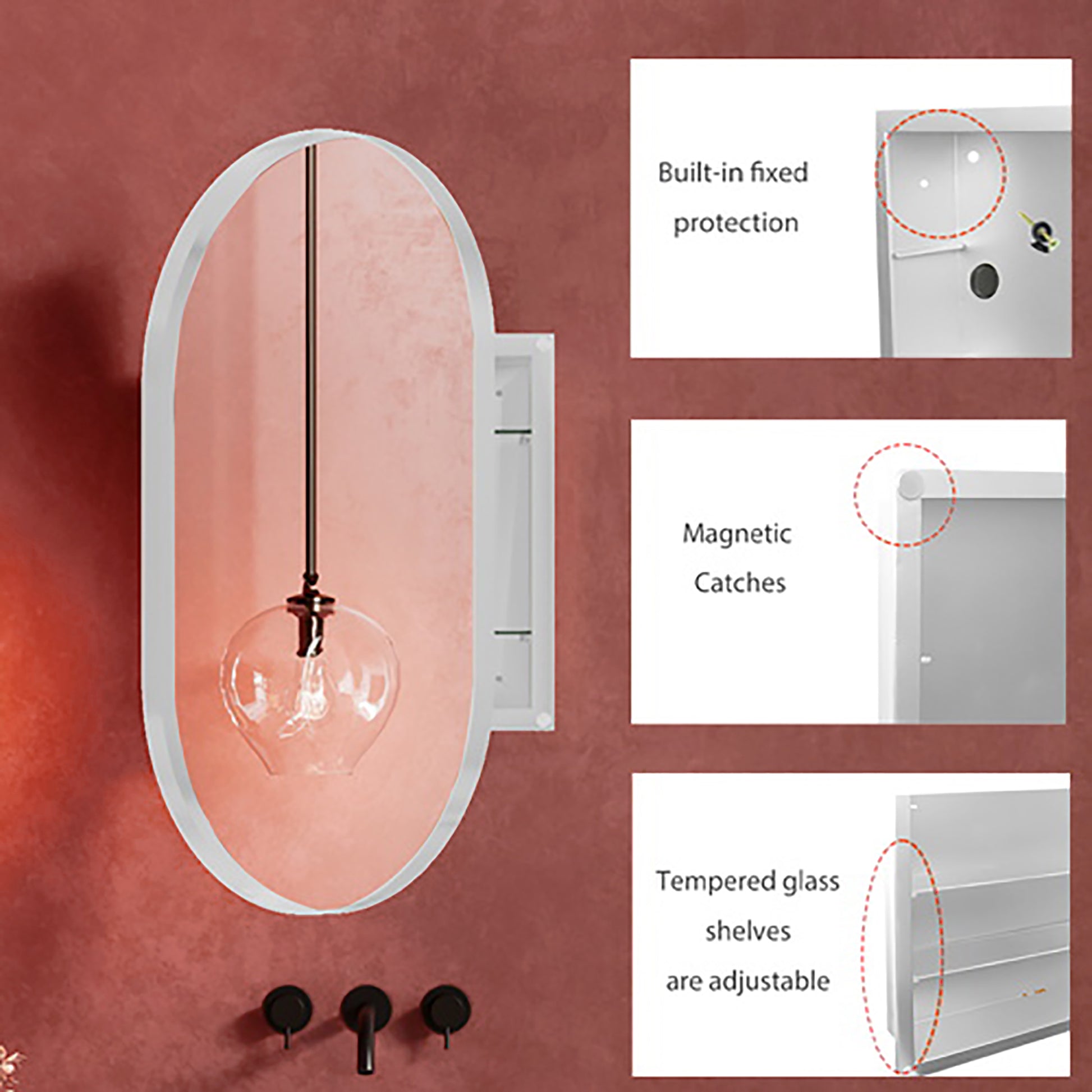 Oval medicine cabinet with a frameless beveled edge mirror and builtin protection features