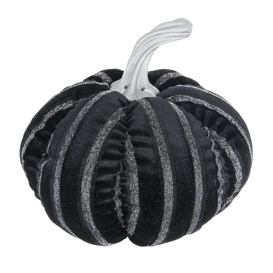 Black velvet pumpkin with silver glitter stripes and metallic stem great for Halloween decor