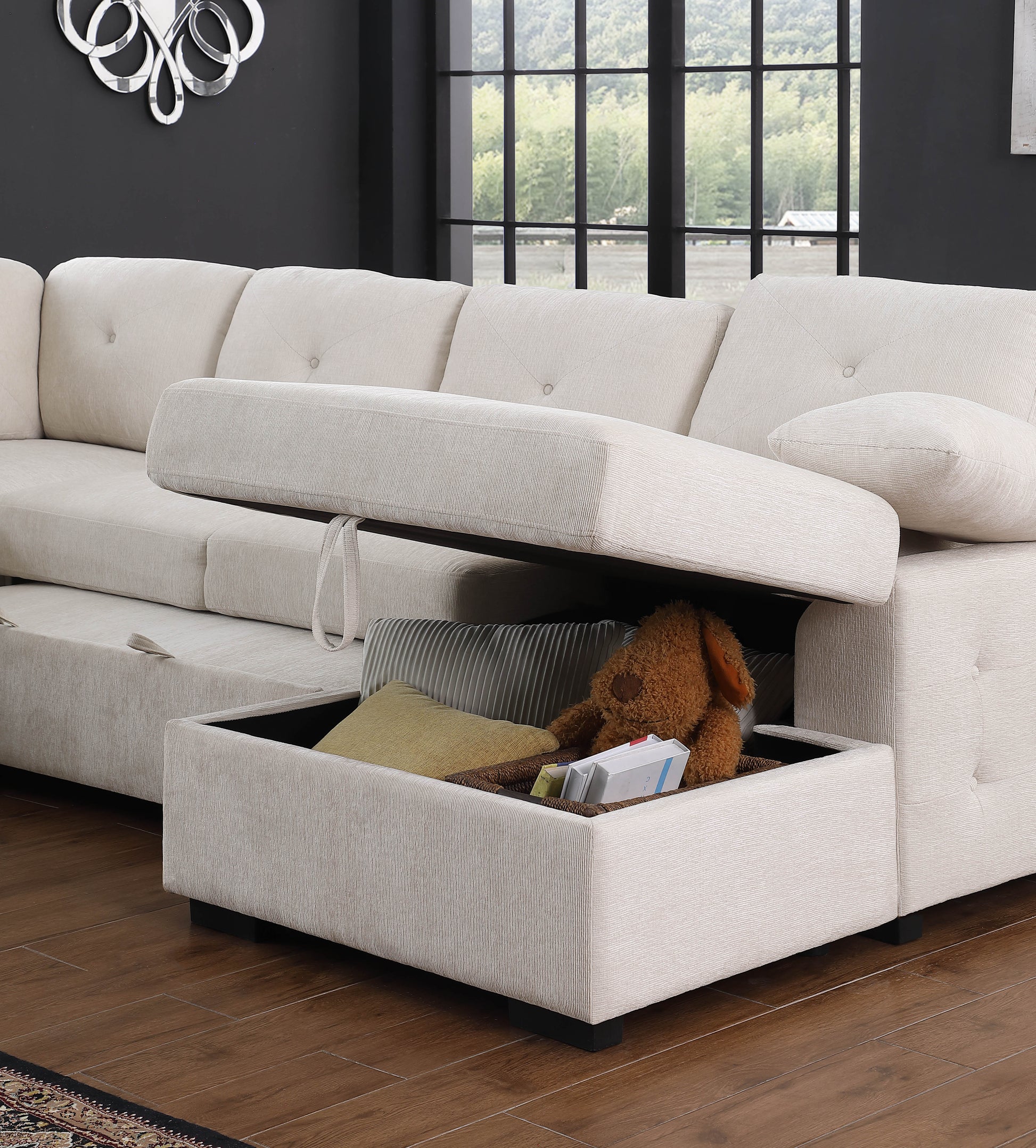 Cream sectional sofa with hidden storage compartment plush cushions and tufted details