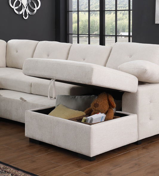 Cream sectional sofa with hidden storage compartment plush cushions and tufted details