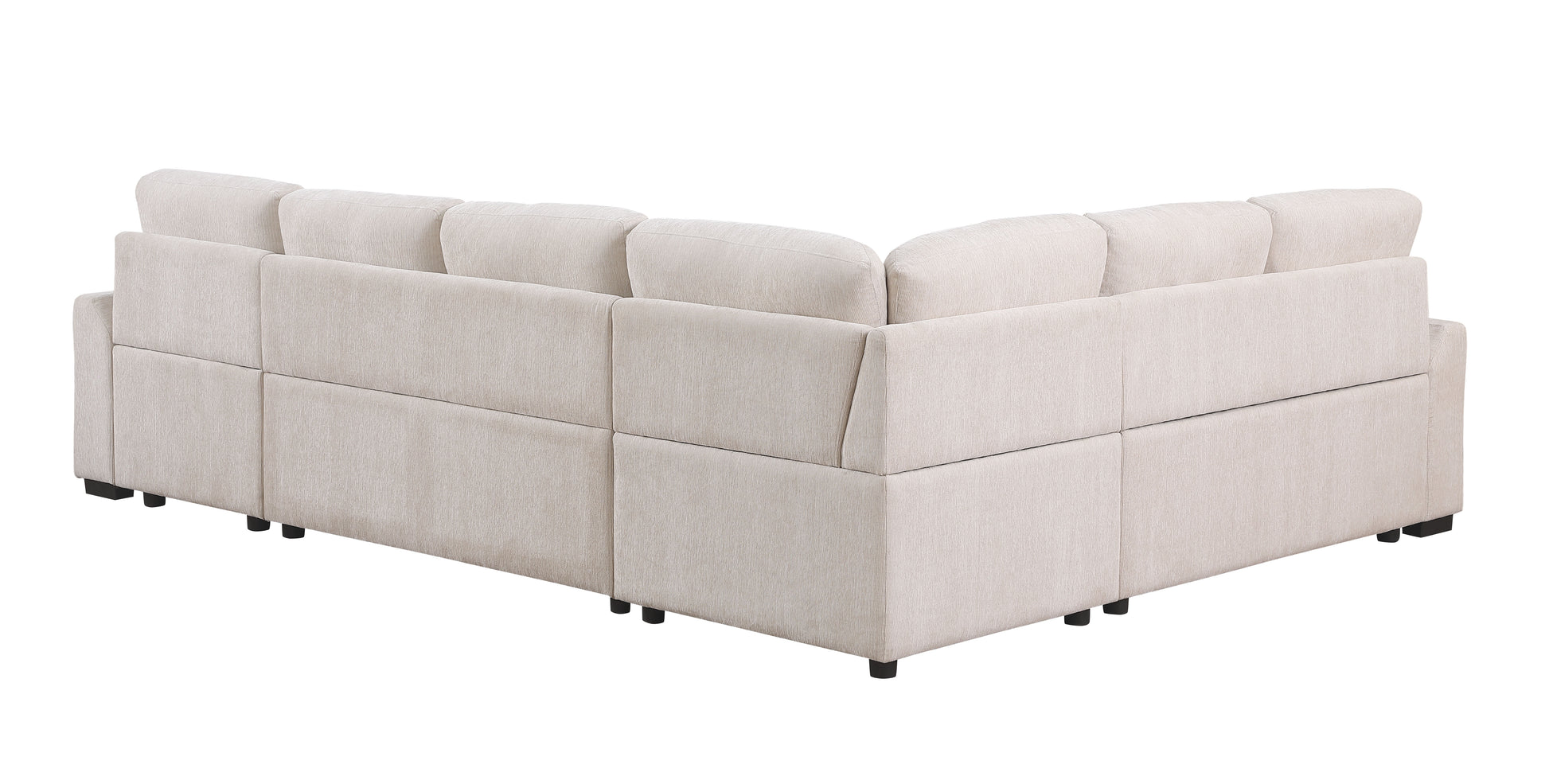 Beige upholstered sectional sofa from a rear elevated perspective perfect for large living rooms