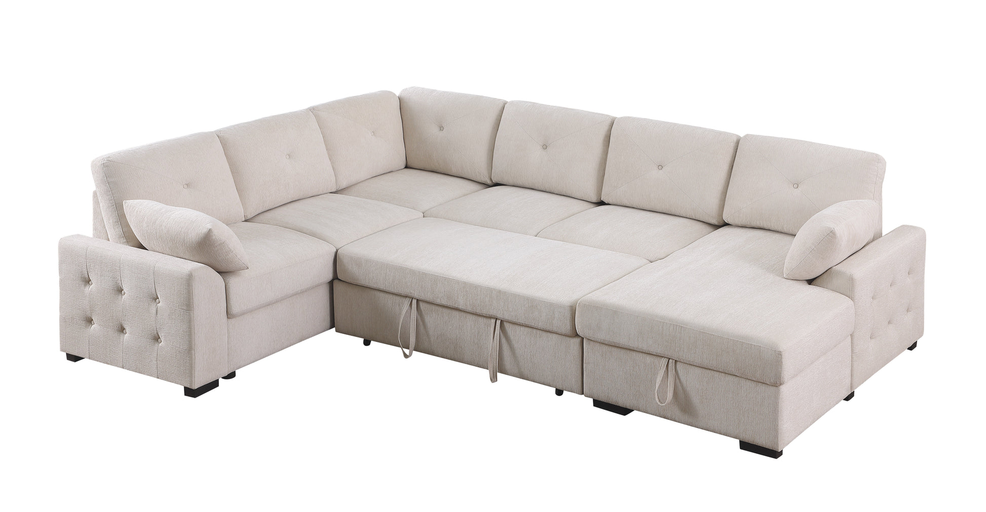 Light beige fabric sectional sofa with tufted armrests and buttontufted cushions