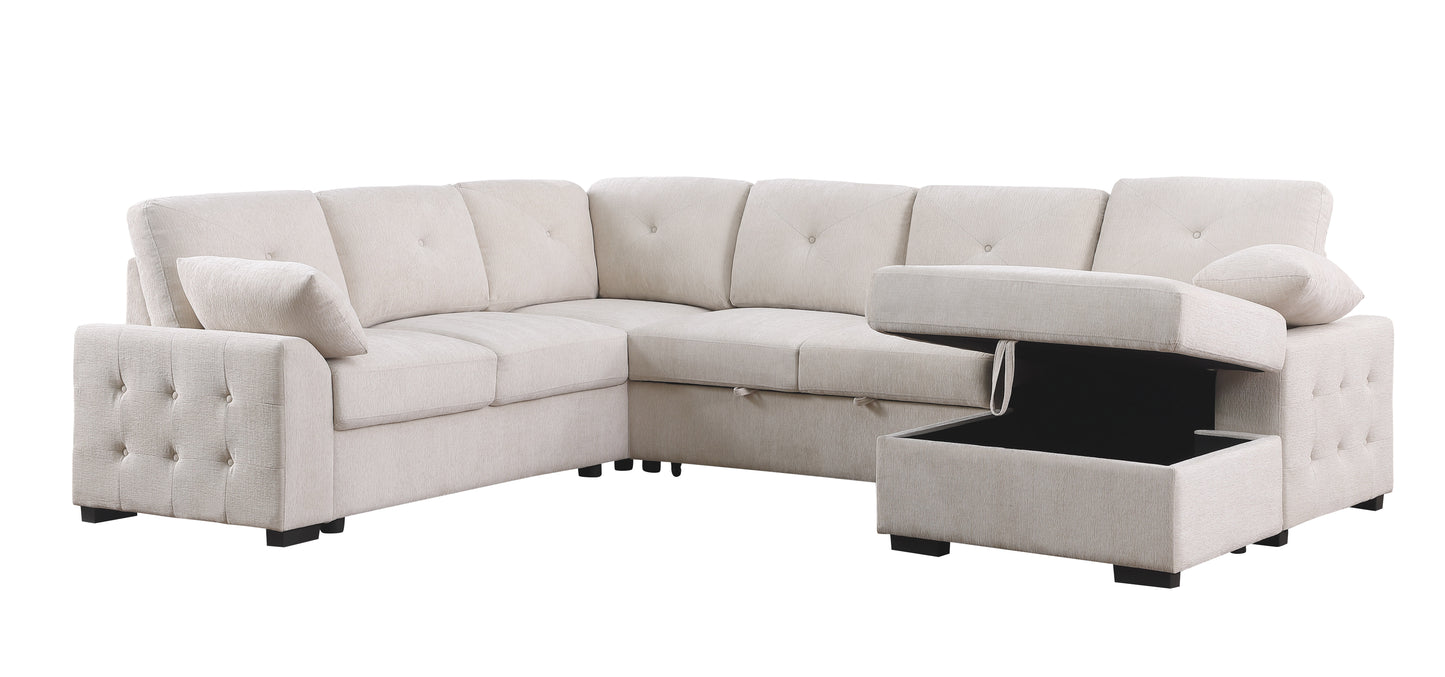 Light beige sectional sofa with tufted accents and storage chaise