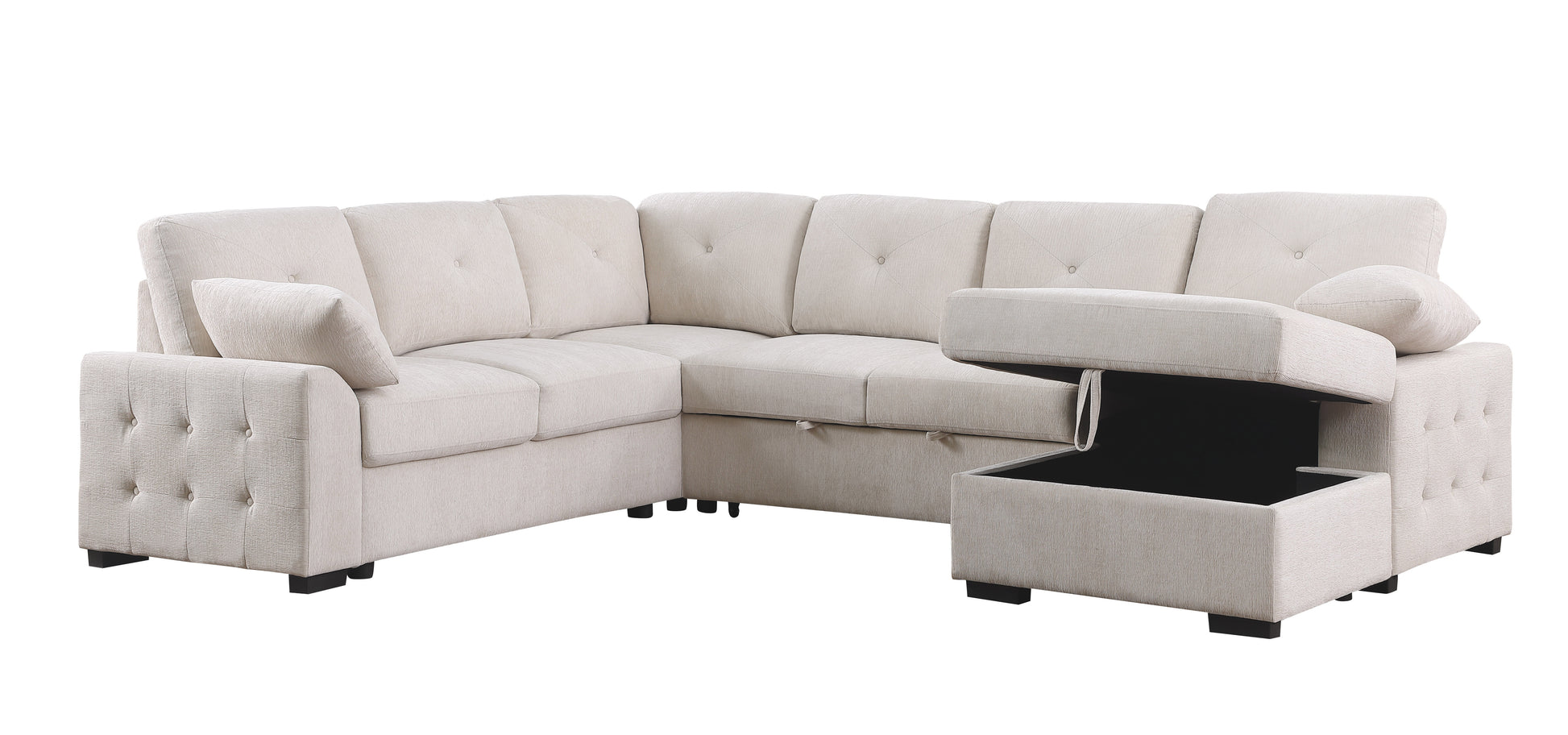 Light beige sectional sofa with tufted accents and storage chaise