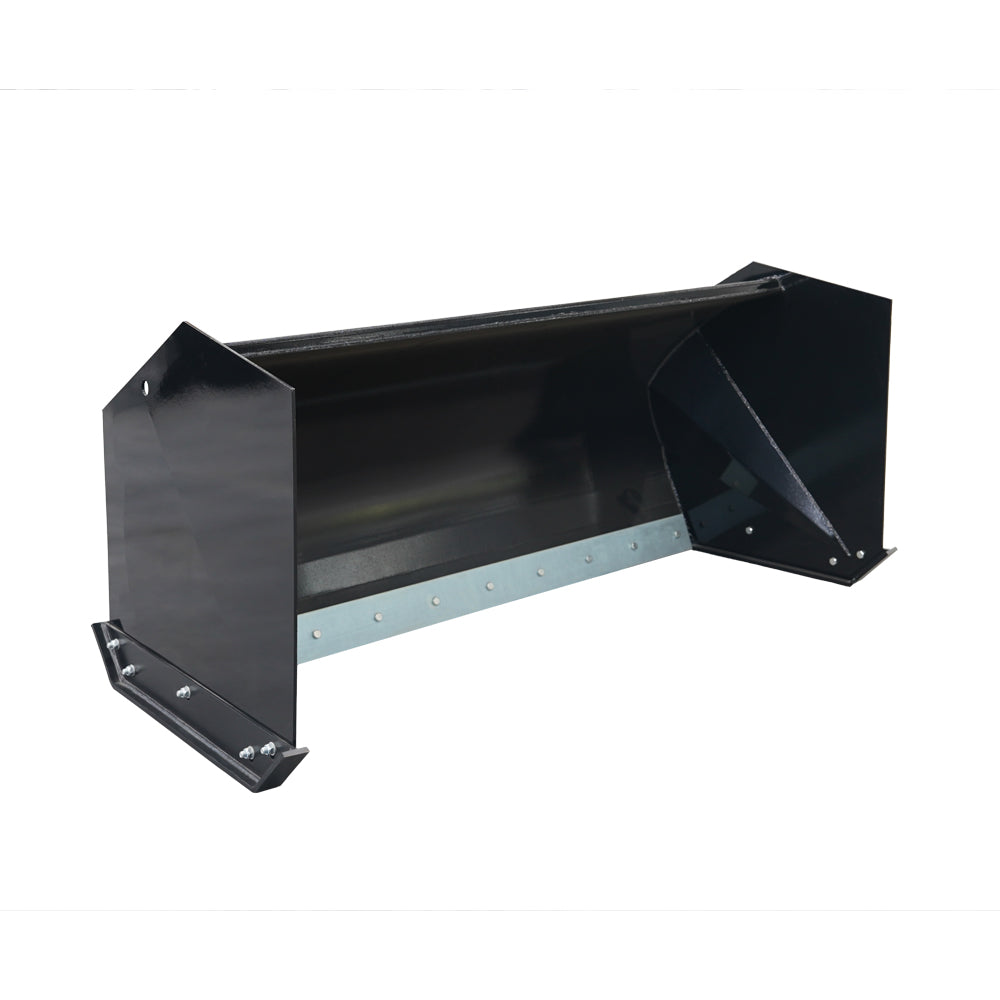 Black steel snow plow blade with metal cutting edge and reinforced corners