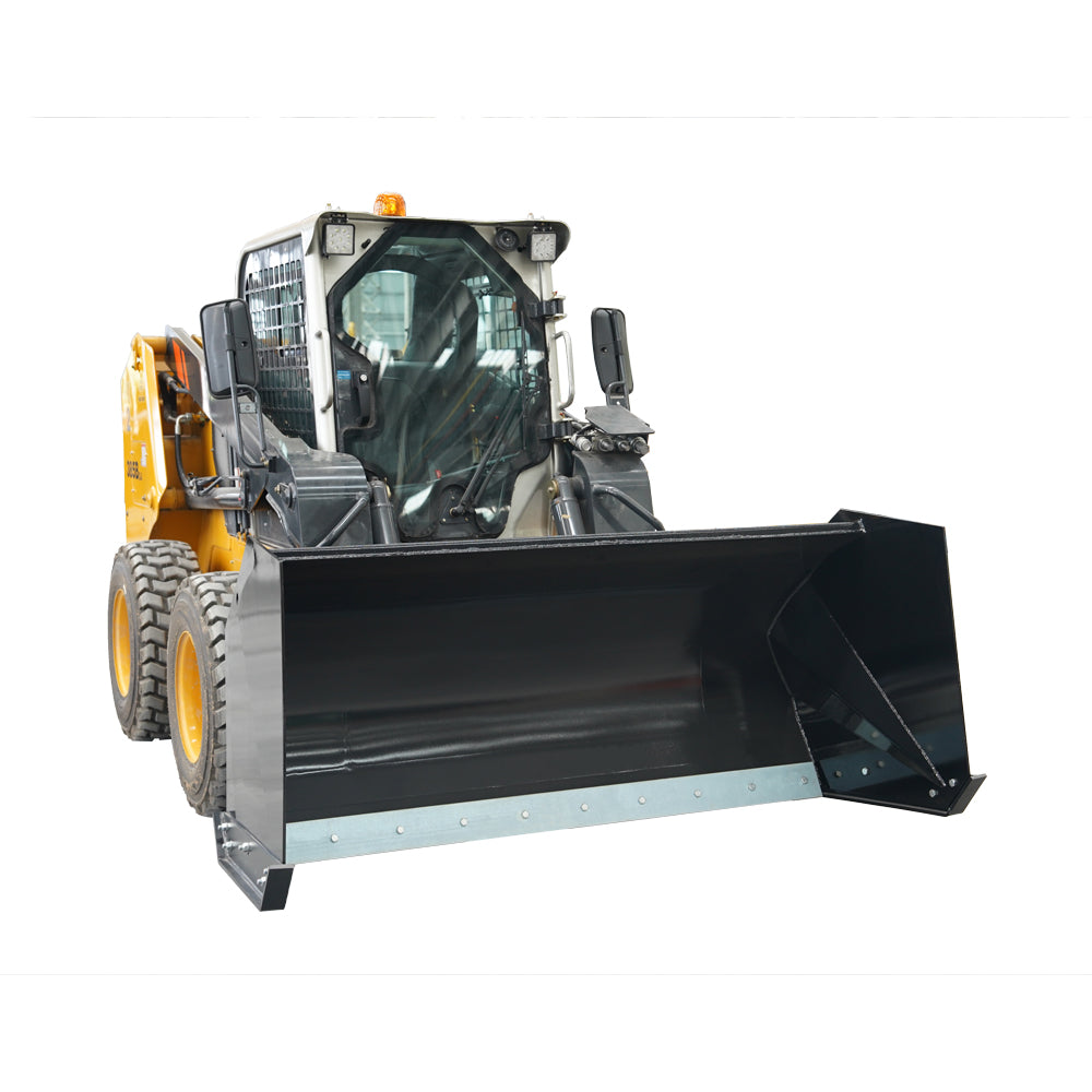 Yellow skid steer loader with a wide black snow pusher attachment ready for winter work
