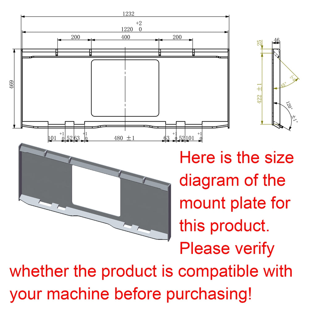 Skid steer mount plate blueprint with dimensions of mm width and mm height