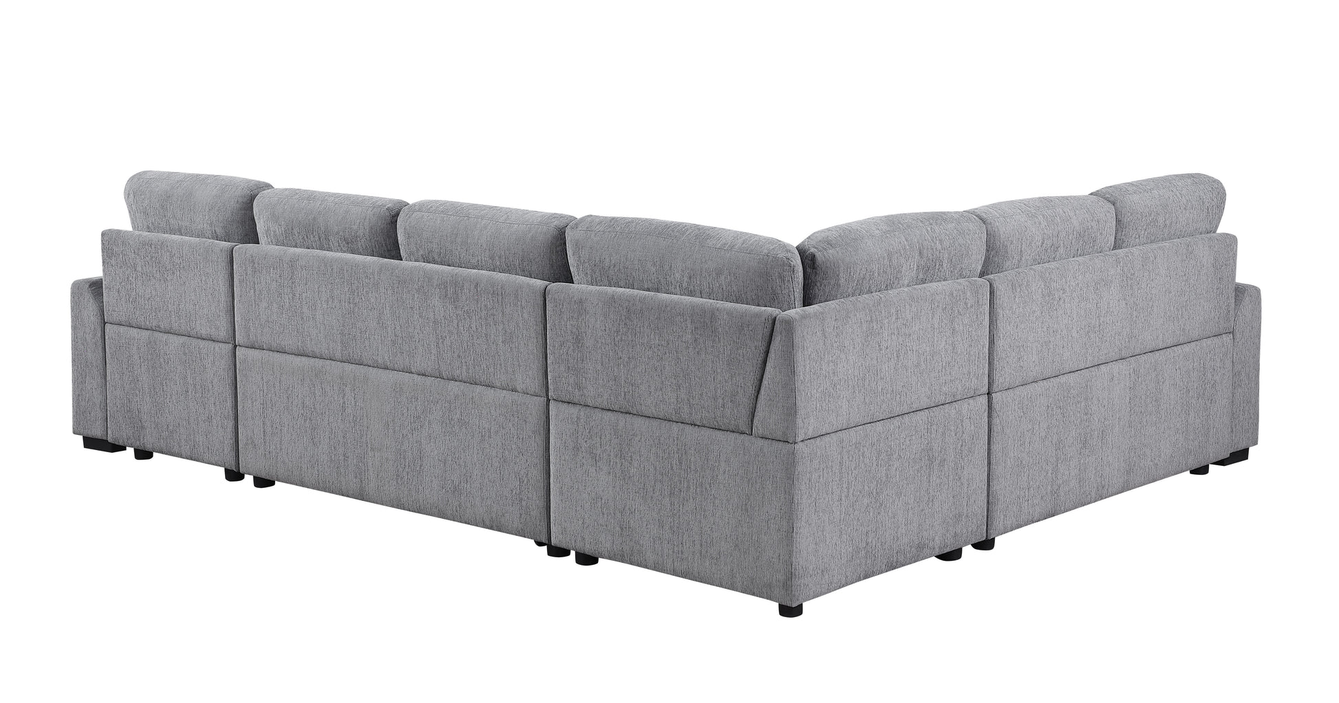 Grey fabric sectional sofa from a rear perspective modern design