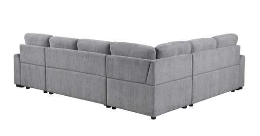 Grey fabric sectional sofa from a rear perspective modern design