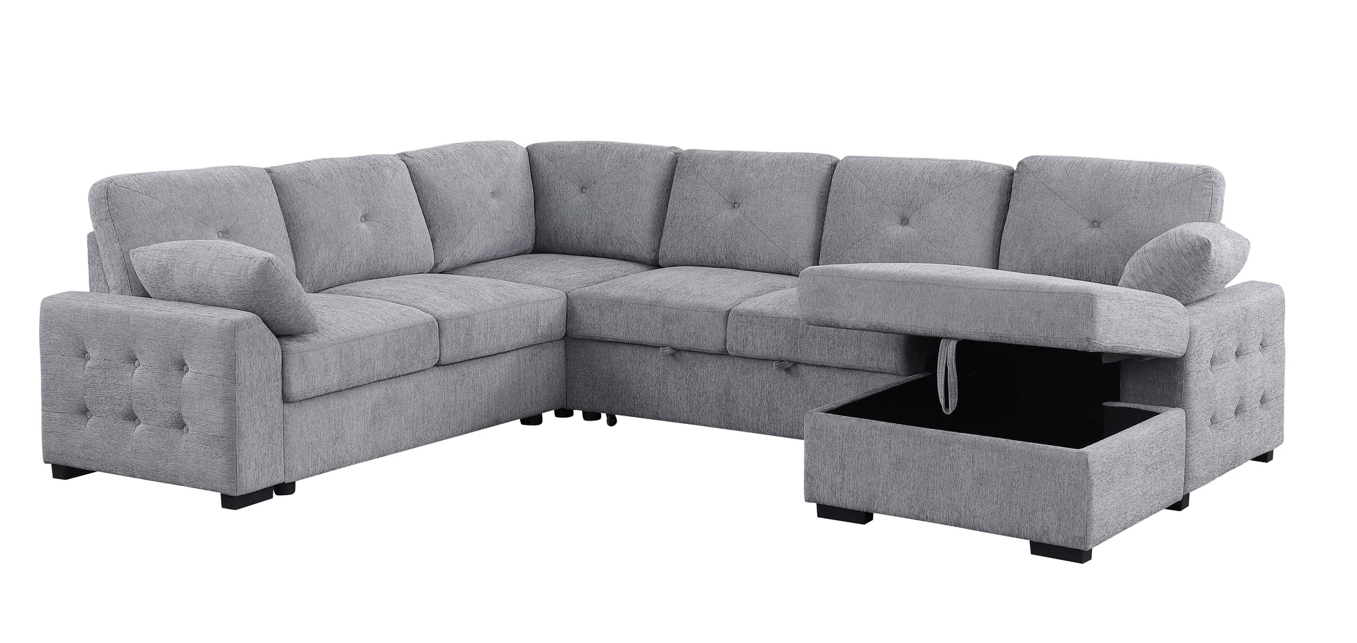 Gray fabric sectional sofa with storage chaise and tufted details