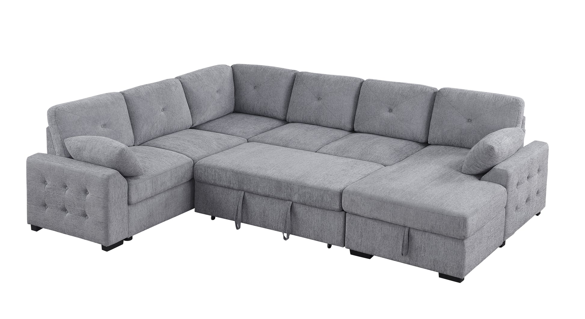 Gray fabric sectional sofa with tufted accents and pull tabs for storage