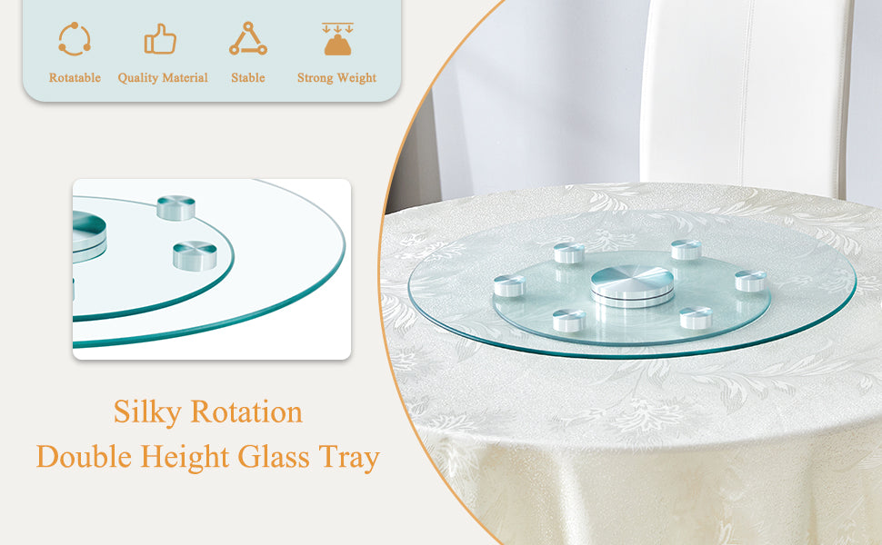 Clear glass lazy susan with silver accents for dining tables