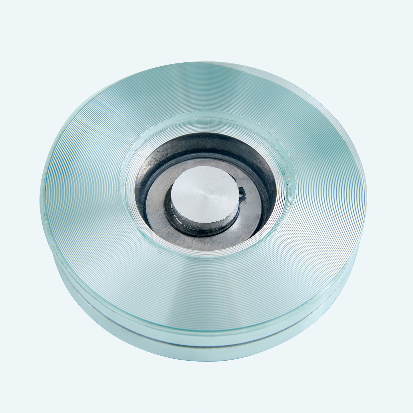 Sleek silver metal component with textured light blue outer ring for industrial use