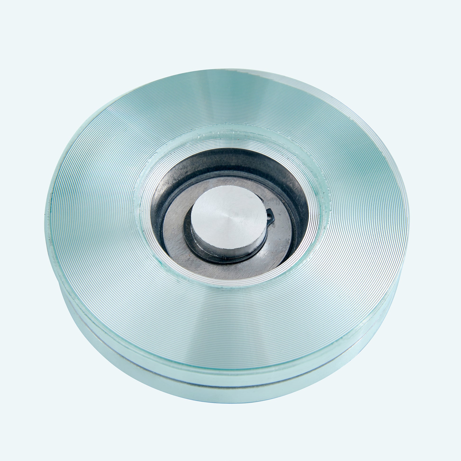 Sleek silver metal component with textured light blue outer ring for industrial use