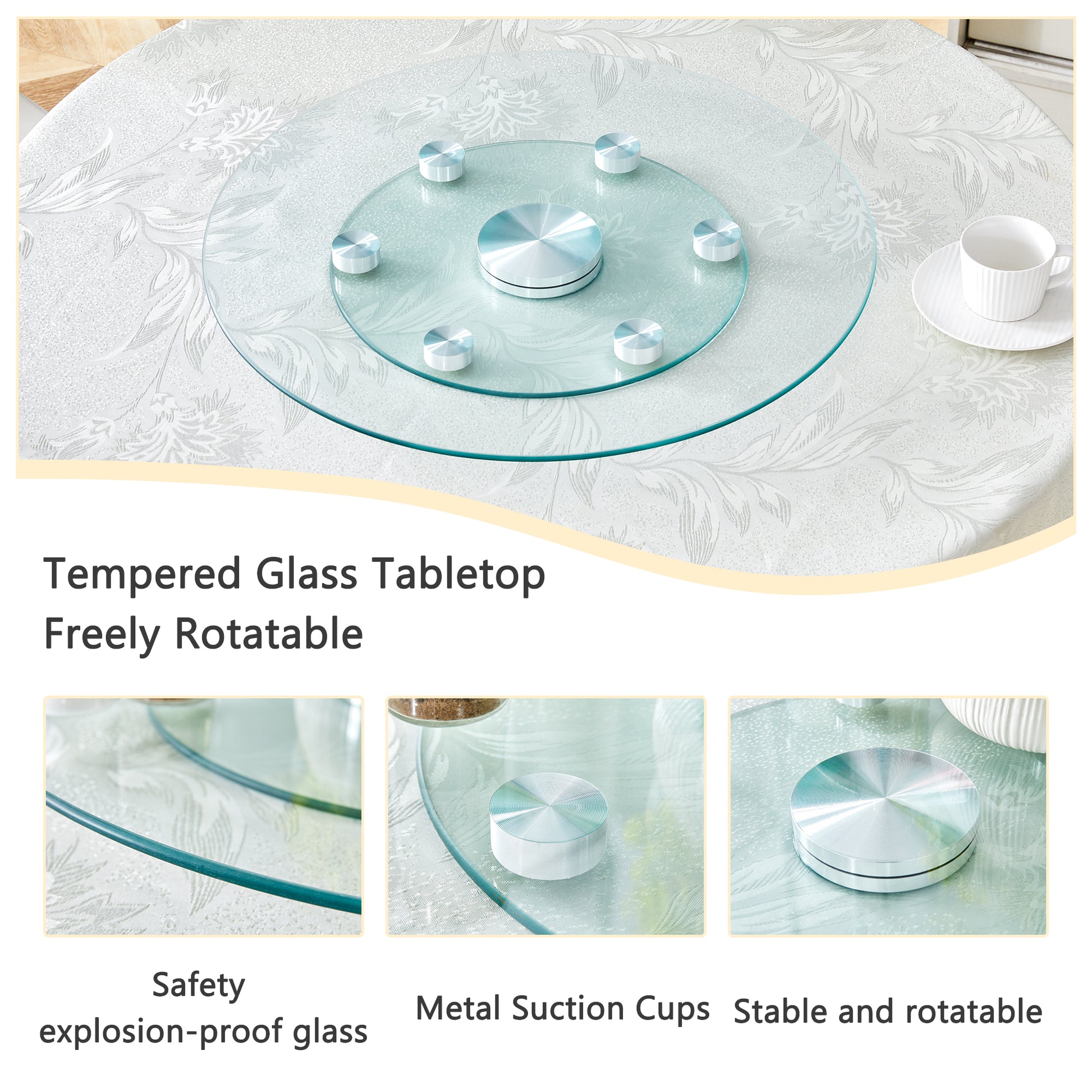 Tempered glass lazy susan turntable with a floralpatterned tablecloth
