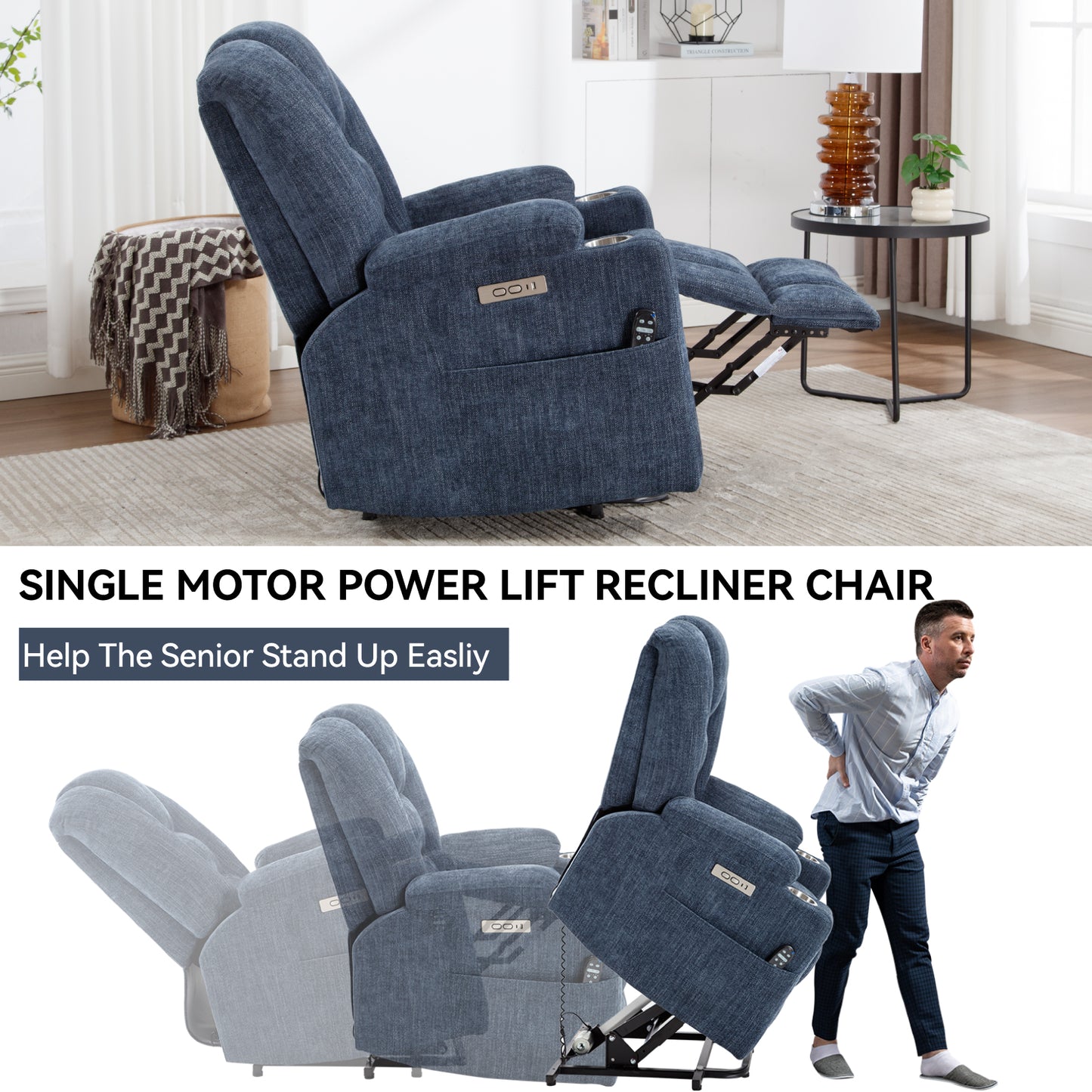 Blue fabric single motor power lift recliner chair with side pocket and remote