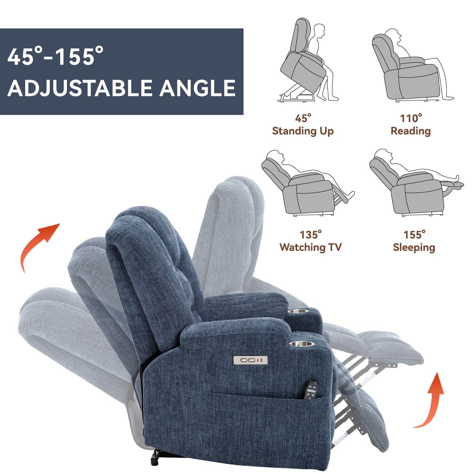Blue fabric power recliner chair with adjustable angles for sitting reading TV and sleeping