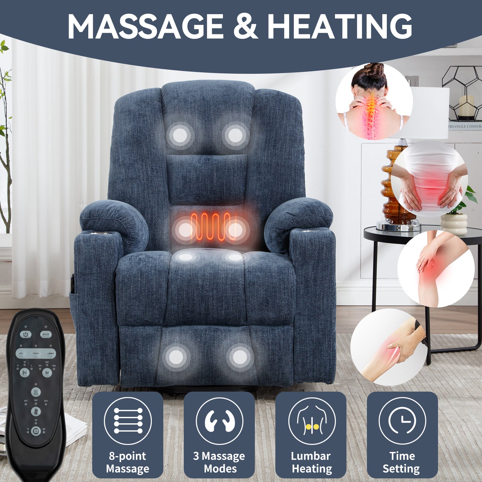 Deep blue fabric massage recliner with point massage and lumbar heating functions
